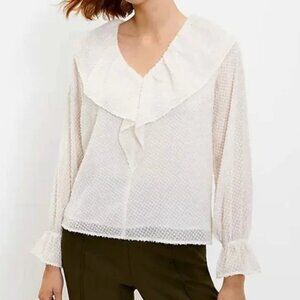 Loft Jacquard Chiffon Ruffle V Neck Blouse